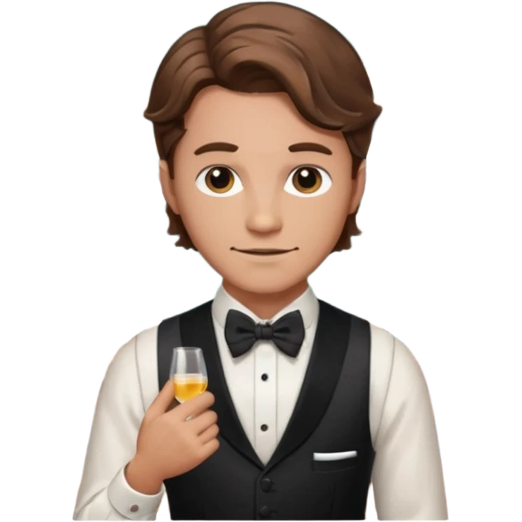 a bartender man with bow tie and vest, having brown wavy hair and tattoo 















 emoji