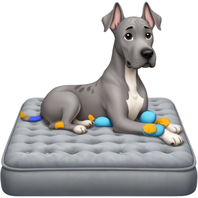 Gray Great Dane on king size mattress floppy ears emoji