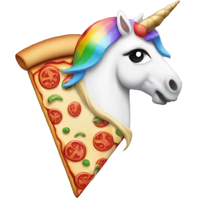 Generate an emoji of a pizza slice with a unicorn horn and rainbow mane emoji