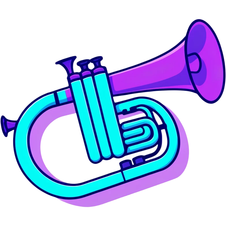 trumpet horn with neon glow effect, blue neon glow on top left, purple neon glow on bottom right emoji