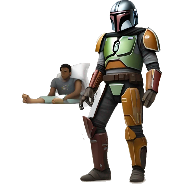 Mandalorian standing on a bed with a sick software developer in it. emoji