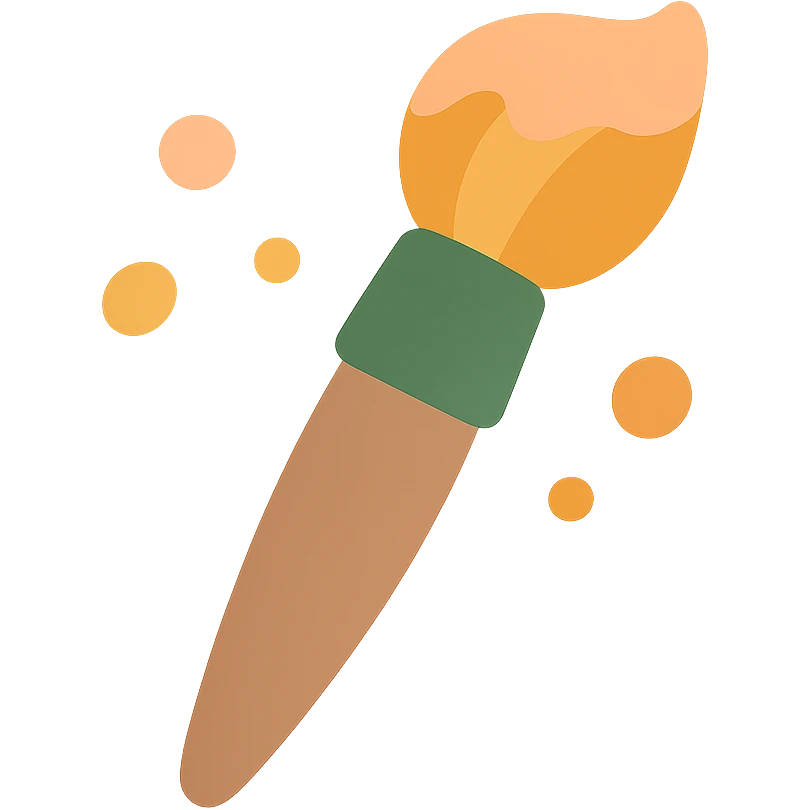 A cute and whimsical artist's paintbrush with a soft and cozy design, featuring a warm color palette: golden orange (FA9B41), deep forest green (4A7C5C), muted taupe brown (96775A), and pastel peach (FFCC9A). The brush has a delicate wooden handle in muted brown, with the bristles slightly fanned out, holding a touch of paint in shades of peach and orange. The tip of the brush is dipped in a soft golden hue, and tiny splashes of paint in the palette’s colors are gently scattered around. The overall mood is playful, artistic, and charming, evoking a sense of creativity and warmth. emoji