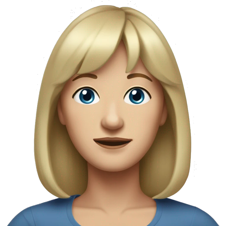 widow with blonde, shoulder length hair with bangs all across forehead, blue eyes,  60 years old, 180 pounds emoji