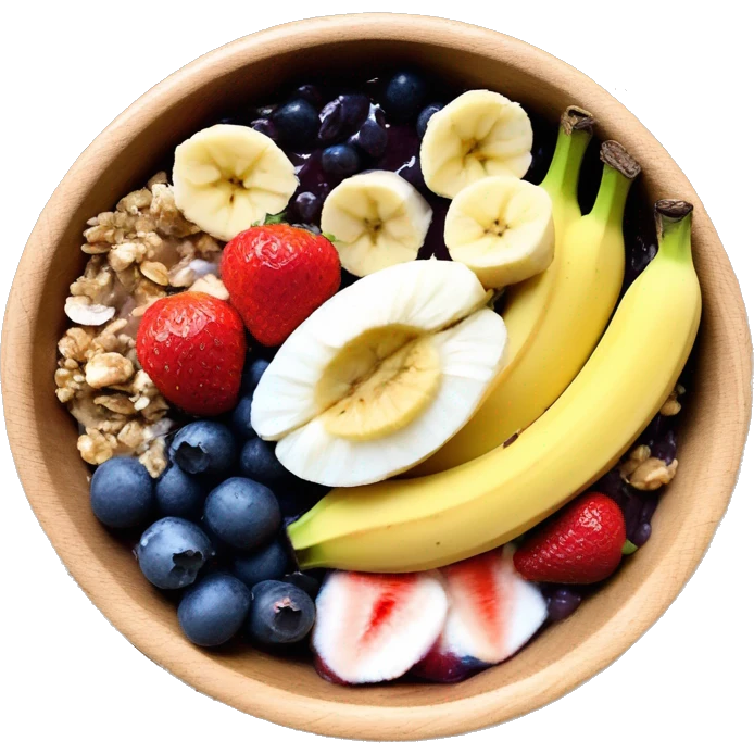acai bowl in a wood bowl with bananas nutella strawberries granola honey and coconut emoji