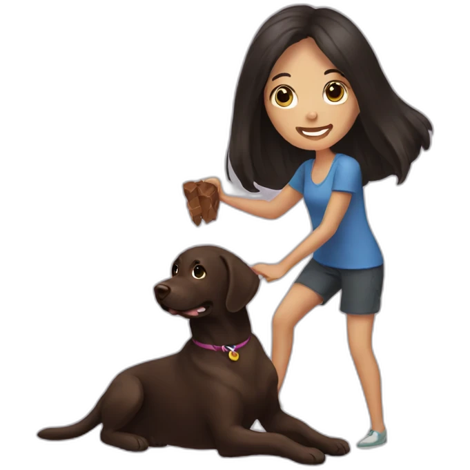 Chocolate labrador playing with woman long black hair emoji