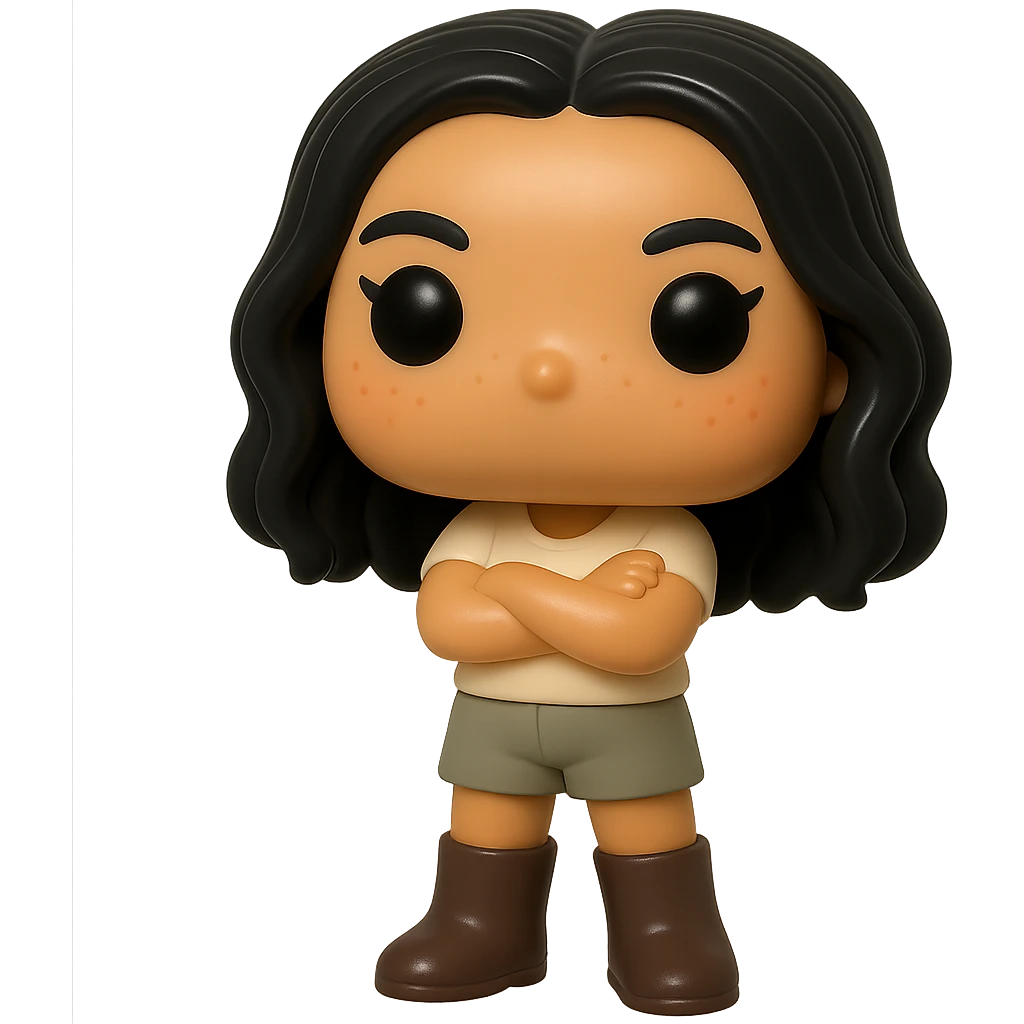 Enhance the texture and details of the Funko Pop style vinyl figure's hair, skin, and clothing. The figure has smooth tanned skin, arms crossed, rosy cheeks, very discreet freckles, mischievous and cheerful expression, no mouth, and dark detailed hair. Clothing includes a cream top, greige bottoms, and dark greige leather boots. Keep the transparent background. emoji