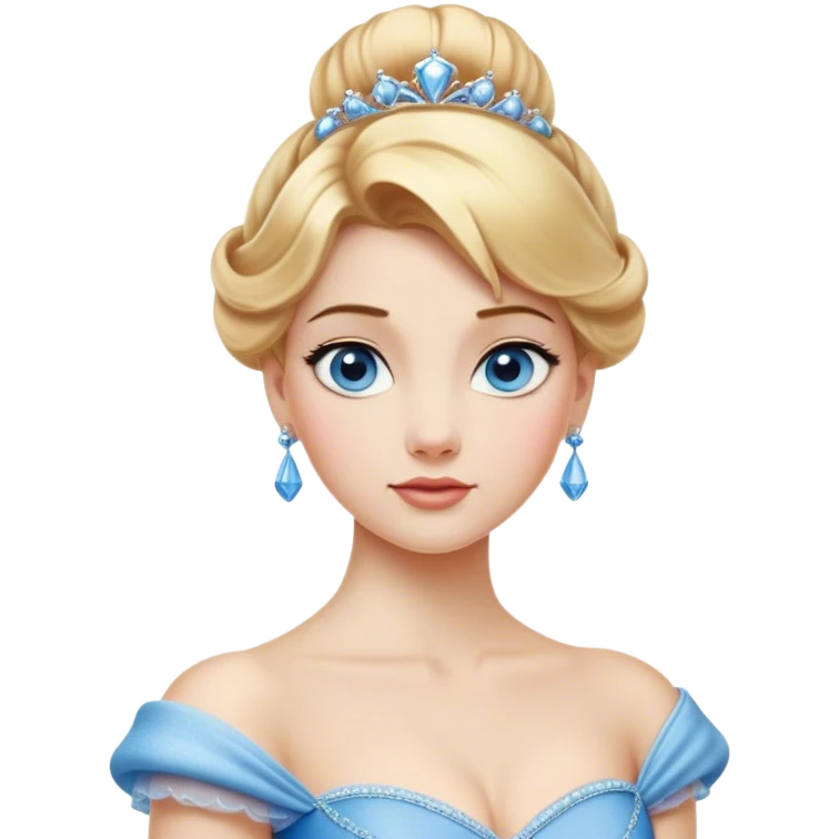 Cinematic Realistic Noble Cinderella Portrait, depicted with porcelain skin rendered in lifelike detail and soft, natural lighting that highlights every delicate nuance. Her intricately styled golden-blonde hair is arranged in an elegant updo, and her deep, expressive blue eyes radiate quiet determination. She wears her classic ball gown with rich fabric textures and delicate folds catching the light beautifully, all set against a subtly glowing, natural background that captures the essence of timeless royal grace. emoji