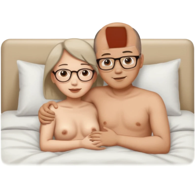 slightly balding asian man with glasses and asian woman no glasses naked in bed hugging emoji