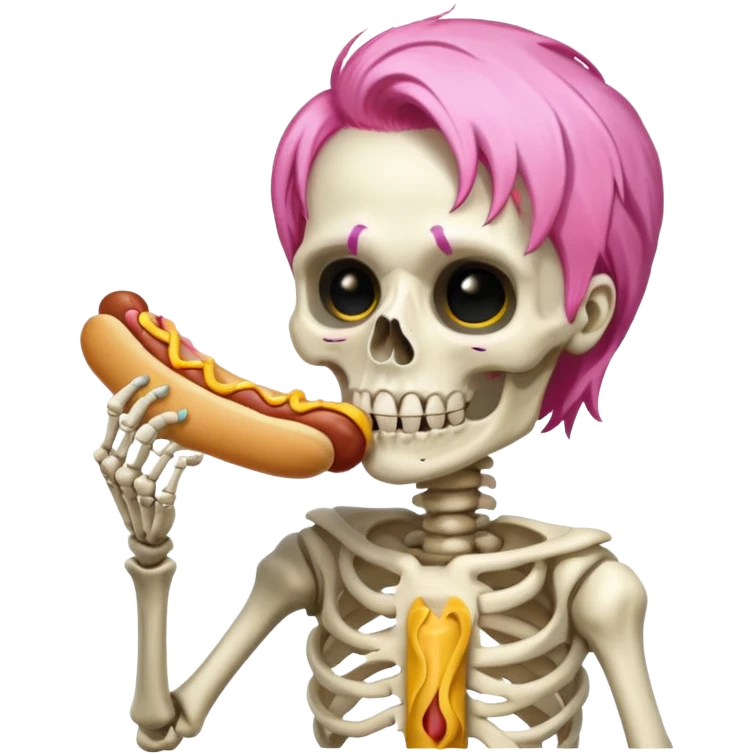 skeleton with pink hair eating a hot dog emoji