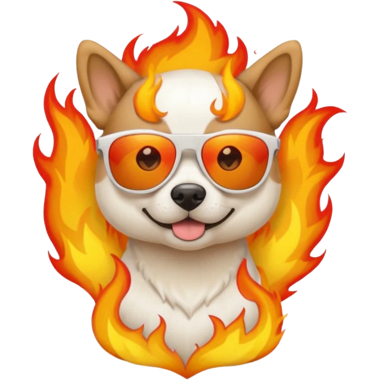 White and tan dog wearing sunglasses with fire in the background emoji