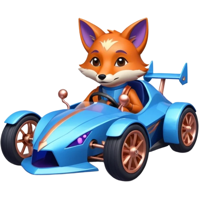 dark crystal blueberry and rosegold-accented cyber faceted-body electric racing car driven by a small cute but relaxed fox with rear spoiler, roll bar, and wheely bar emoji