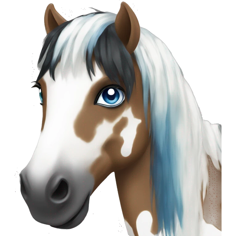 Brown and white spotted pony with black hair and blue eye emoji