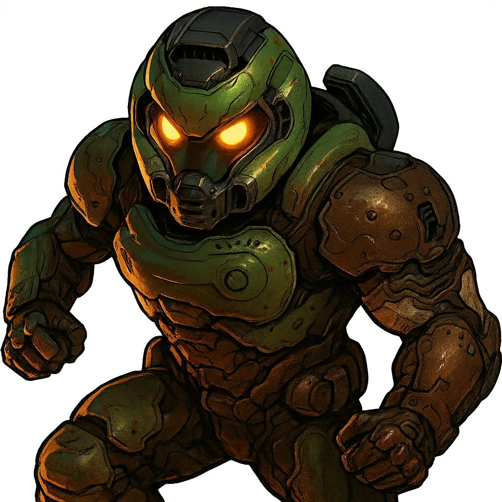 doom slayer, stylized helmet, glowing eyes, dynamic stance, sci-fi style, dramatic lighting emoji