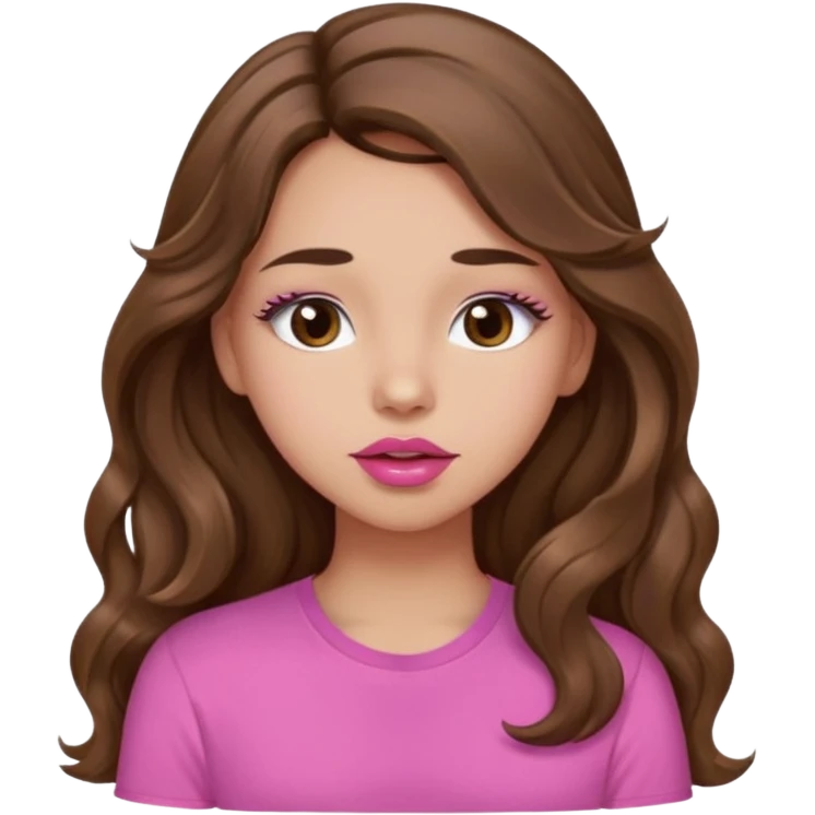 girl with long wavy brown hair, brown eyes, light to medium complexion, in a pink shirt, pink lips, long lashes, puckering up for a kiss, kiss lips emoji
