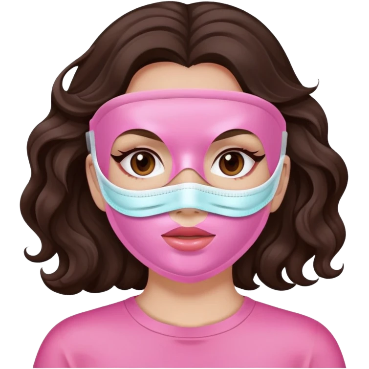 A white girl with long dark brown wavy hair and a pink cosmetic mask on her face emoji