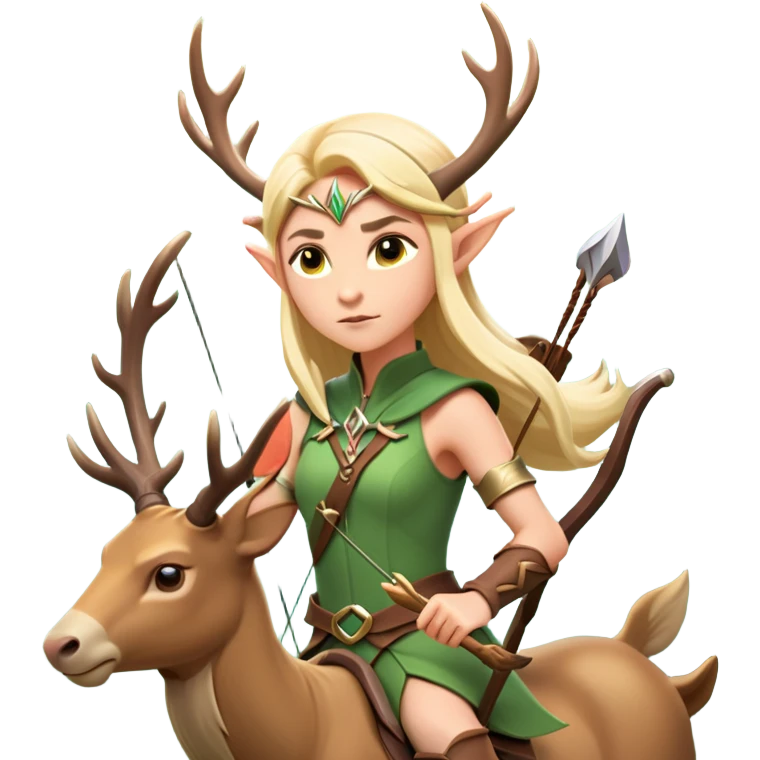 clash-of-clans-aesthetic-blond-elf-archer-portrait-emoji, rendered in a flat, vector-style with minimal shading and bold, simplified shapes, head tilted slightly forward with a determined, focused expression, riding a majestic stag whose luminous antlers glow with mystical energy, set against an ancient, enchanted forest backdrop. emoji