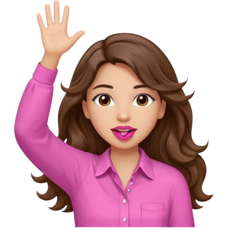 girl with long wavy brown hair, brown eyes, light to medium complexion, in a pink shirt, pink lips, long lashes, puckered lips, both hands all the way upin the air cheering emoji