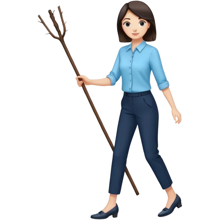 female smart light blue blouse, dark trousers, shoes. one hand holding a stick emoji
