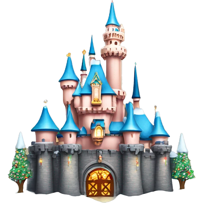 Disneyland park castle with snow and Christmas lights and other decorations on it emoji
