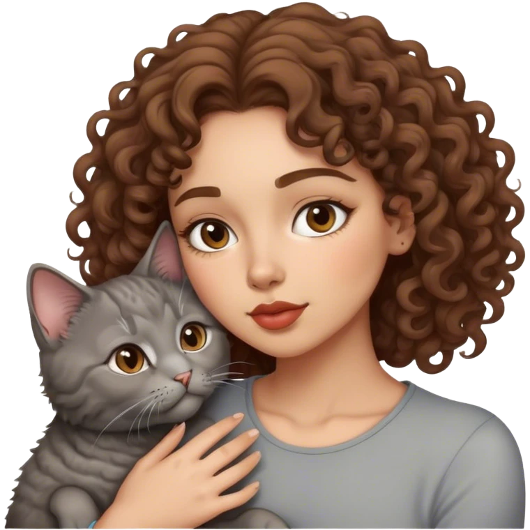 Curly hair woman kiss gray cat  emoji