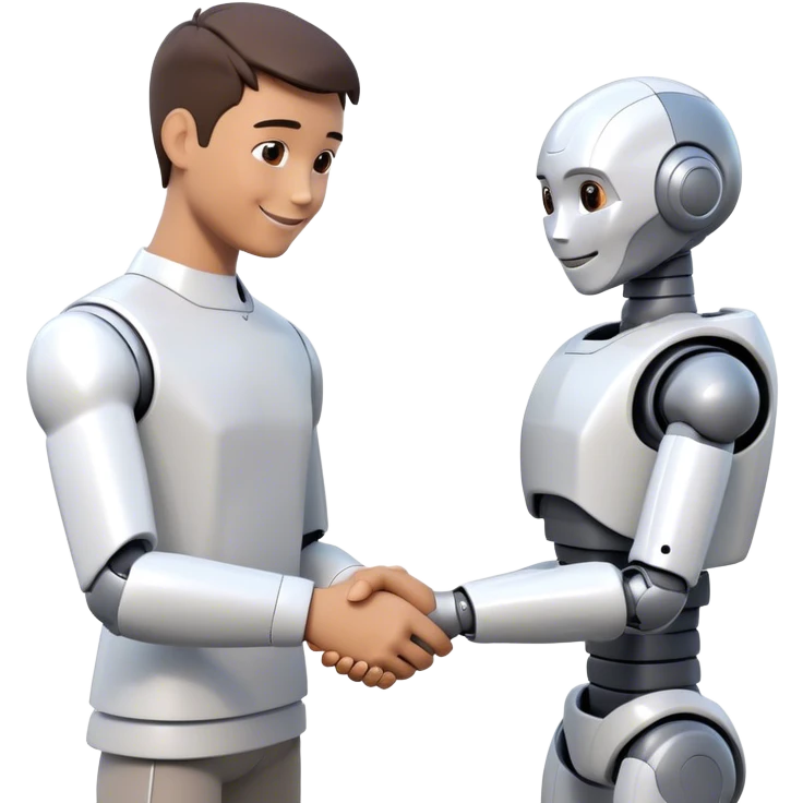 Futuristic emoji: a man and a humanoid robot shaking hands in a friendly manner. The man is smiling, and the robot looks friendly. Minimalistic background, 3D style, realistic details emoji