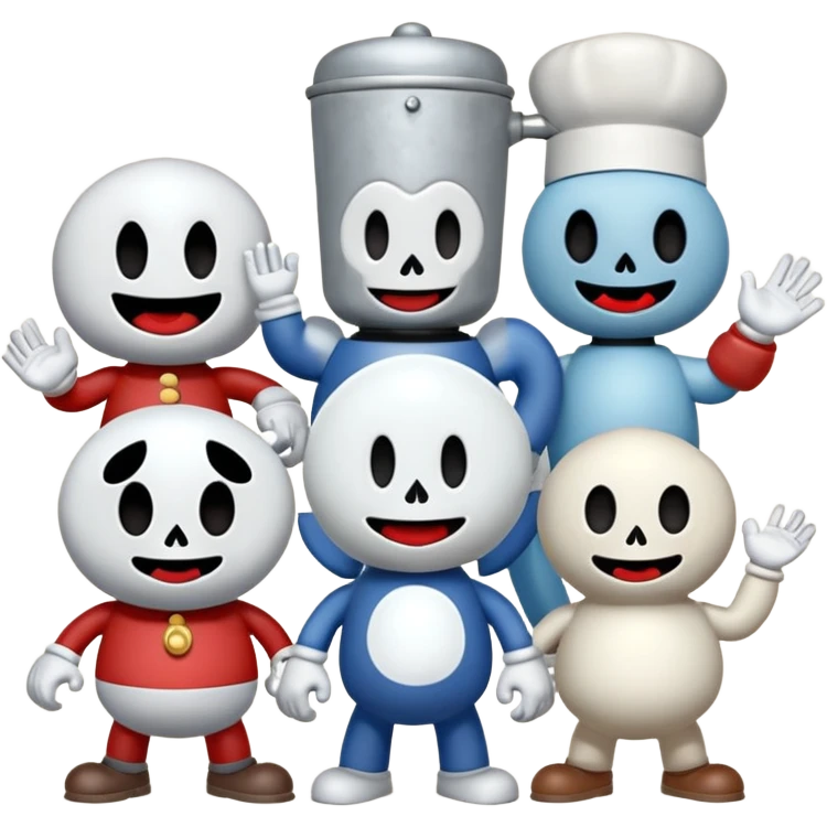 All Cuphead characters and a mega all bosses and all mega casino bosses and Cuphead ghost and Mugman tells elder kettle but elder kettle was dead and Mugman emoji