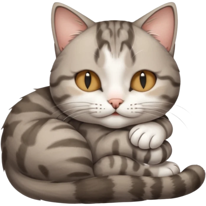 grey and white small cat with its eyes closed lying down with its paw curled and holding up his head emoji