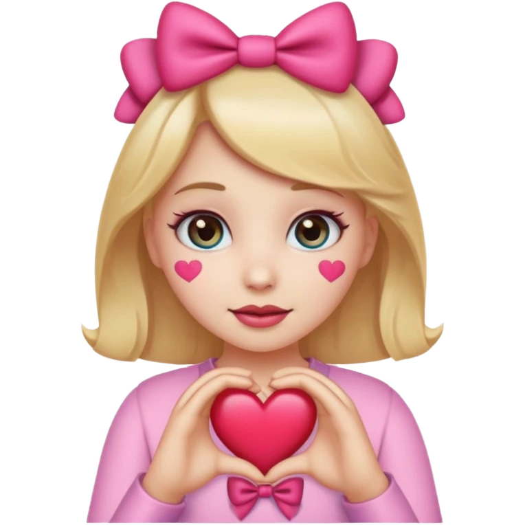 girly girl emoji, wearing a bow, sparkly eyes, making a heart with hands emoji