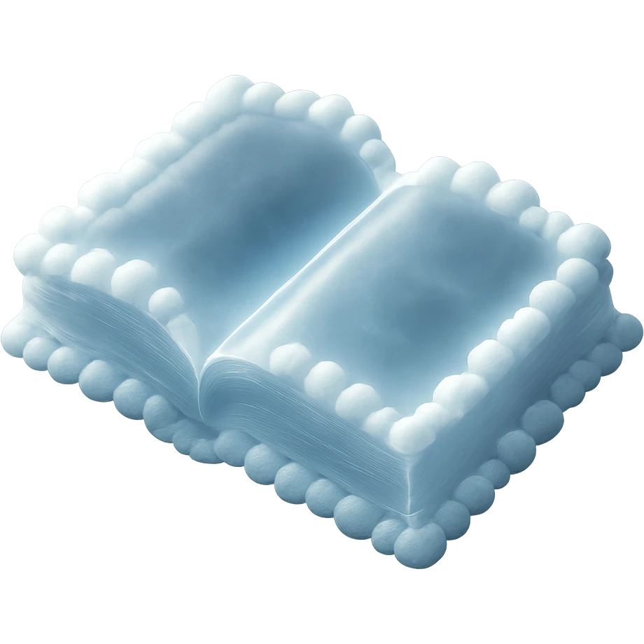thick open book viewed from above, entirely made of small very bright white fluffy convex clouds, matte glass style emoji