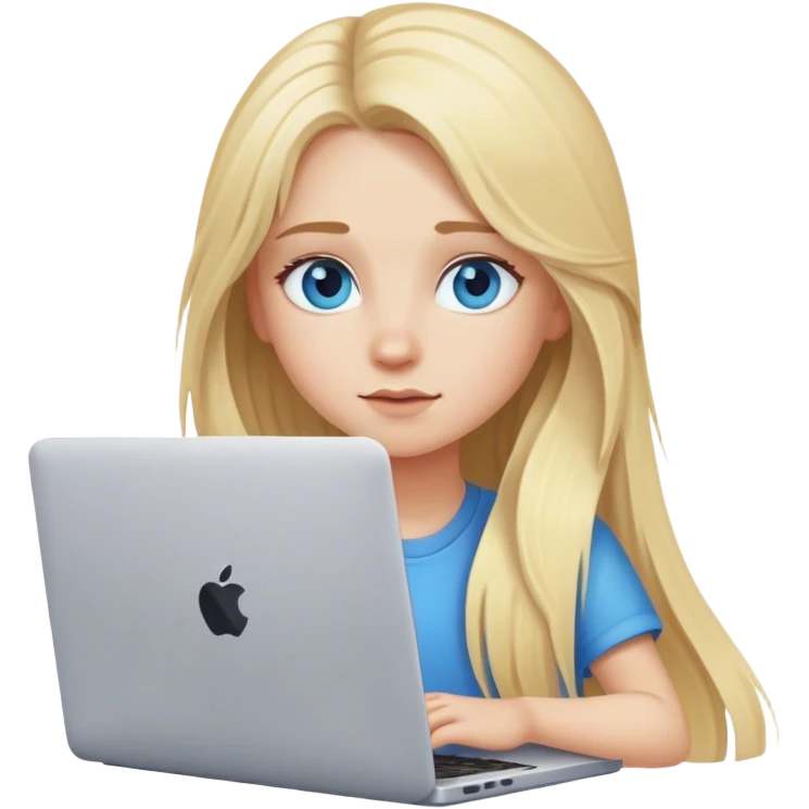 blonde girl with long hair and blue eyes sits at a laptop emoji