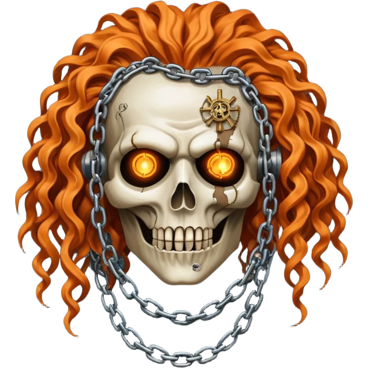 steam punk Megadeth - pinhead corpse made of rusty metal with chains on its teeth, huge curly orange hair emoji