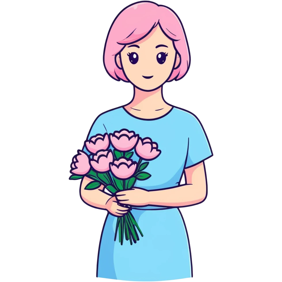 girl wearing pastel blue clothes holding a bouquet of pink flowers emoji