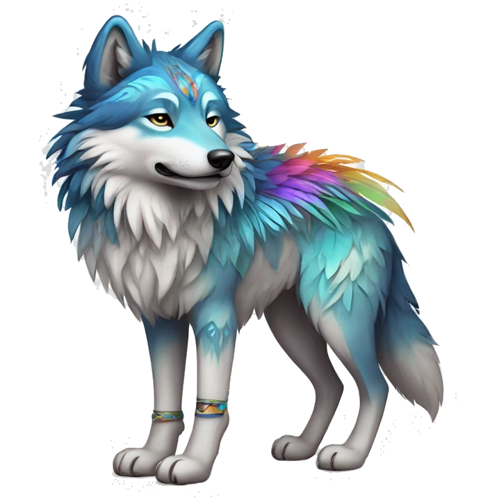Fluffy Shy Colorful Spiritual Shamanic Wolf With Shiny Tribal Markings wearing feathers Full Body emoji
