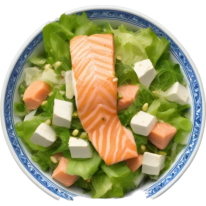 Cesar salad with salmon in a Moroccan style blue and white bowl emoji