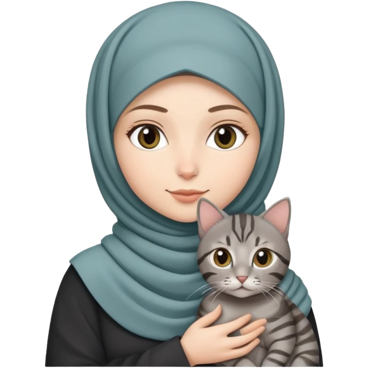 White girl wearing  hijab holding a black grey tabby cat emoji