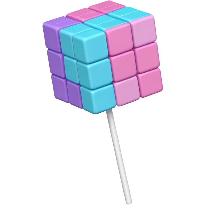 Pastel cube lollipop with stacked blocks in pink, purple, blue, and cyan. Textured, voxel-style, on a white stick. emoji