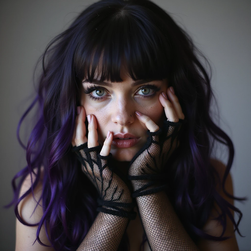 BLACKPINK inspired goth emoji, photorealistic style, fishnet gloves, intense gaze emoji