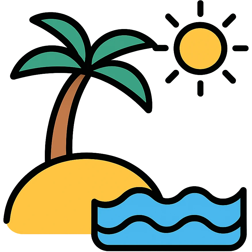 tropical beach vacation with palm tree and sun emoji