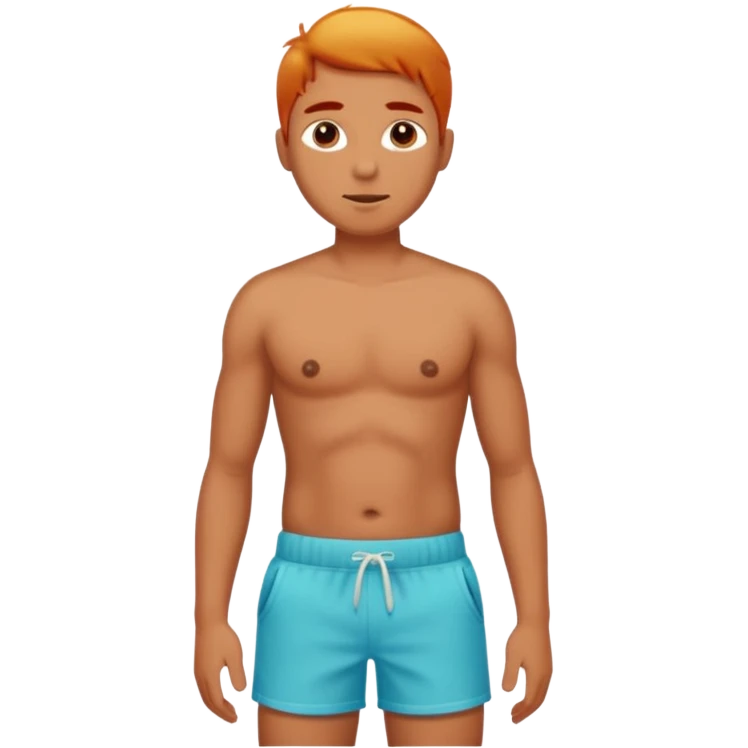 Emoji-style person in beach shorts with sunburned shoulders and chest - the chest and stomach should be white, the rest of the skin should be very red - very sunburned.  emoji