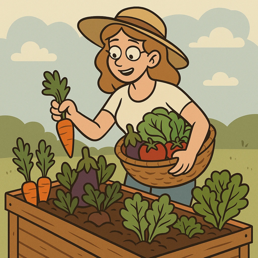 a woman harvesting vegetables from a raised bed garden, flat toon style emoji