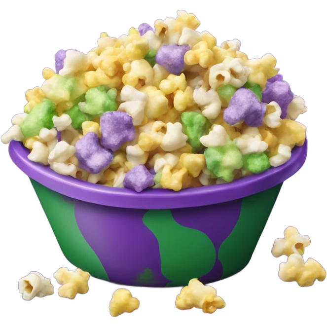 Realistic tub of purple,green,and yellow mixed popcorn pieces together.  emoji