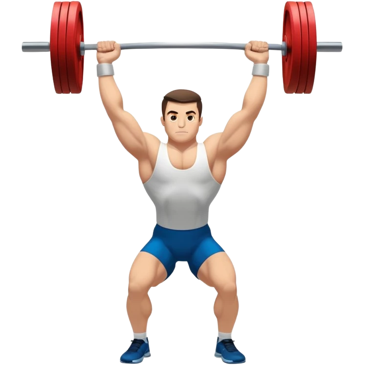 Emblem representing weightlifting with a strong athlete in a classic lifting stance, holding a barbell overhead. Dynamic, powerful pose with a focus on strength. Clean lines, bold silhouette, and transparent background, symbolizing the intensity and discipline of the sport emoji
