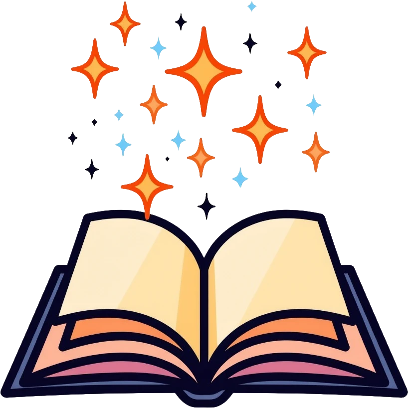Colorful open book with magical sparkles floating above the pages emoji