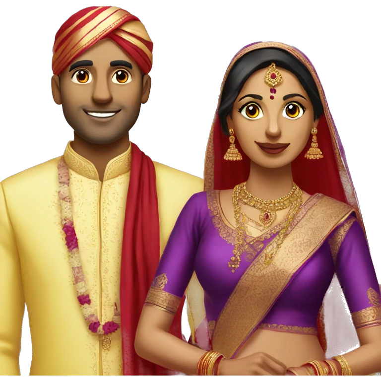 Indian bride and groom without turban. Yellow saree with red blouse and purple sherwani.  emoji