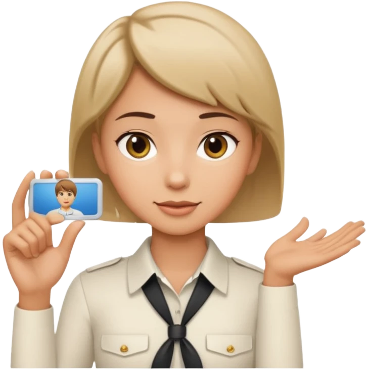 A young short-haired female tour guide wore a white shirt and showed everyone her license, which was horizontal. emoji