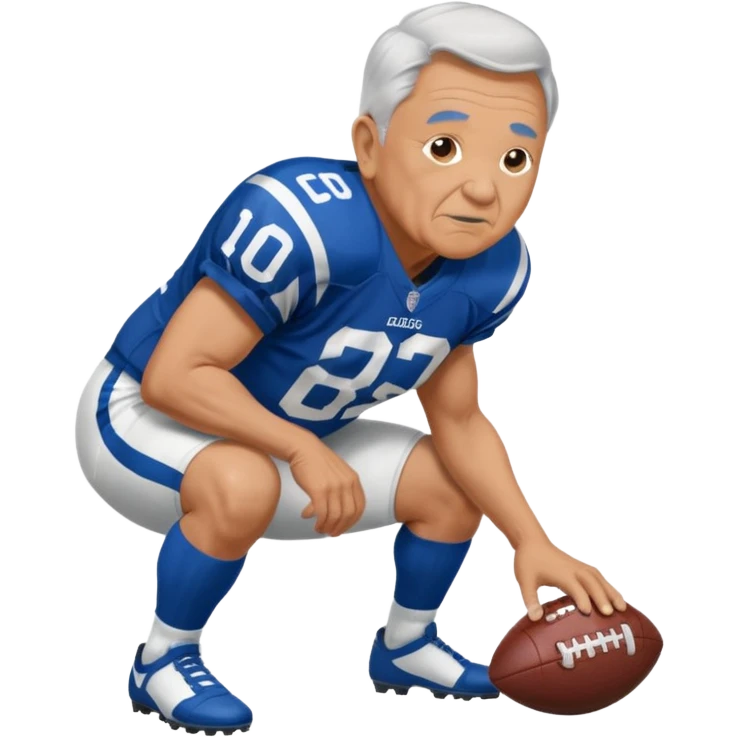A grandpa playing football wearing an Indianapolis Colts jersey is. Show him kind of crouch down to the ground, holding the football and show  back of his jersey. emoji