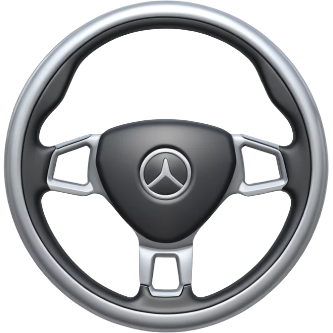 A futuristic steering wheel emoji made of silver chrome, minimal geometric design, smooth metallic surface, soft reflections, iOS emoji style, centered, clean white background emoji