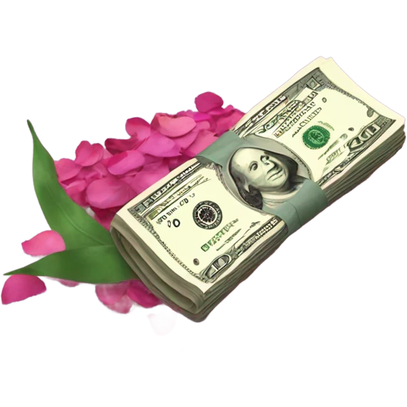 Rolled up dollar bill next to pile of flower emoji