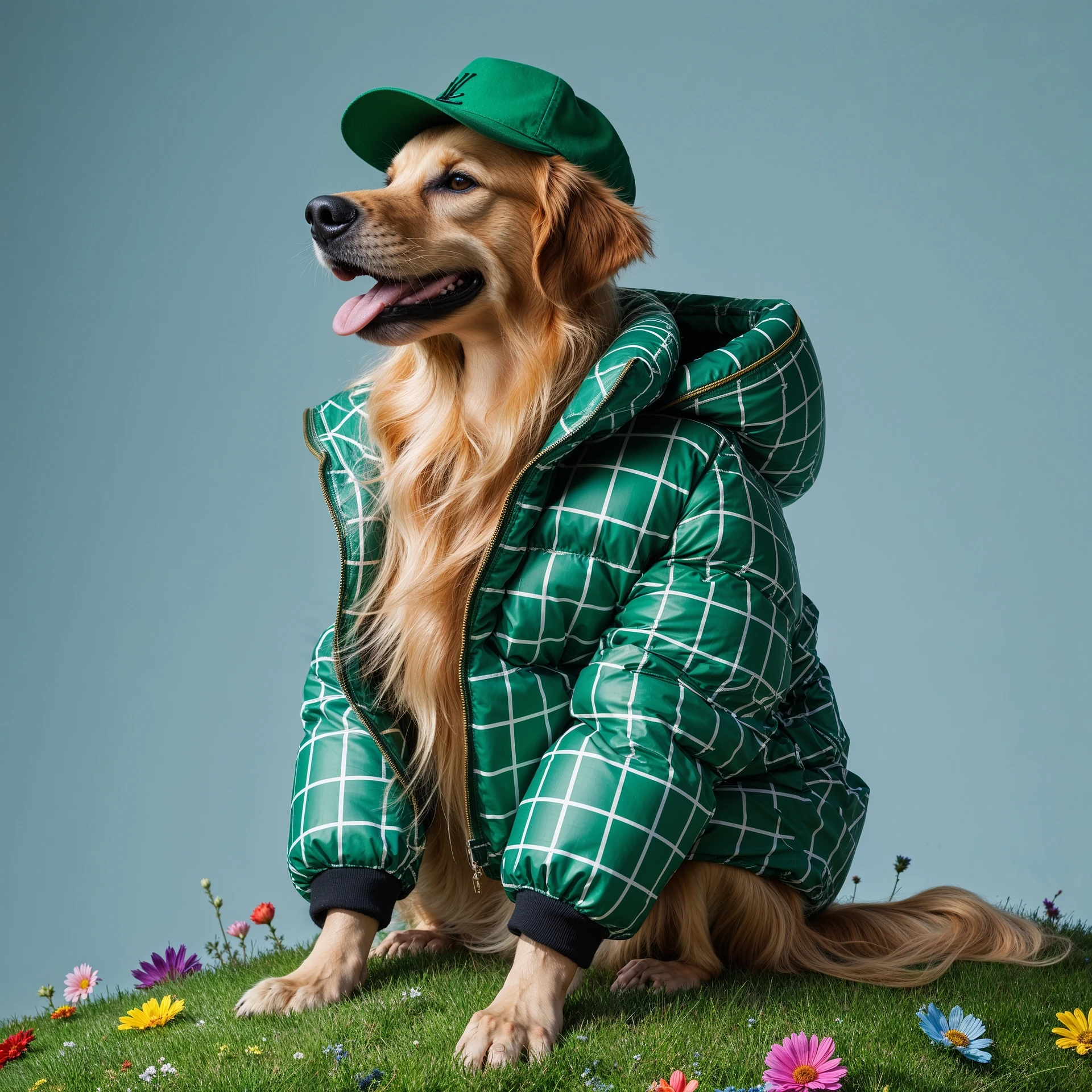 Profile Medium shot, Photo of a happy golden retriver sitting, dress in abstract (green) grid puffer Louis Vuitton jacket, express body, soft light, golden retriver sitting on grass hill with colorfull flowers, green cap, blue minimalistic sky in background, studio emoji