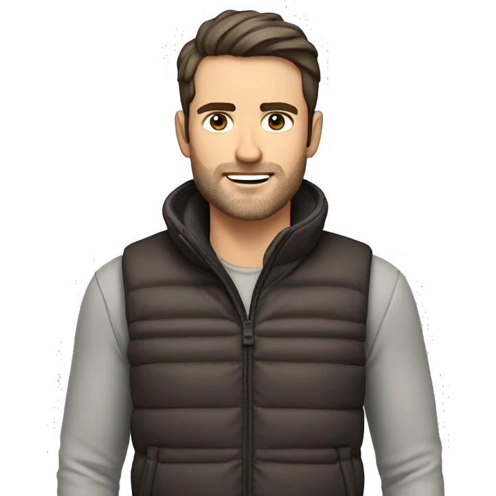 a white man with dark brown hair and stubble in a sport gilet  emoji